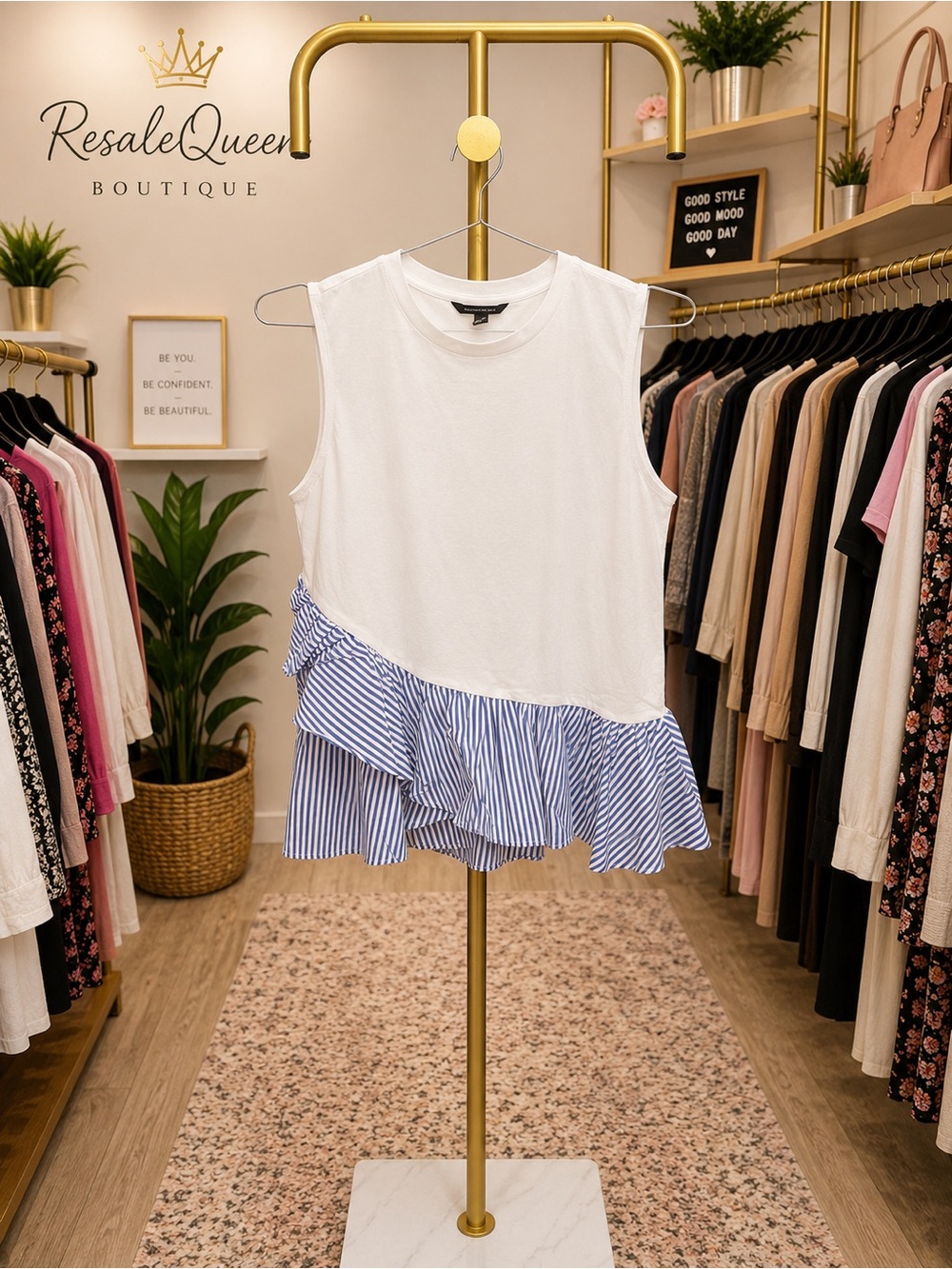 Banana Republic White Sleeveless Top with Blue Striped Ruffle Hemline